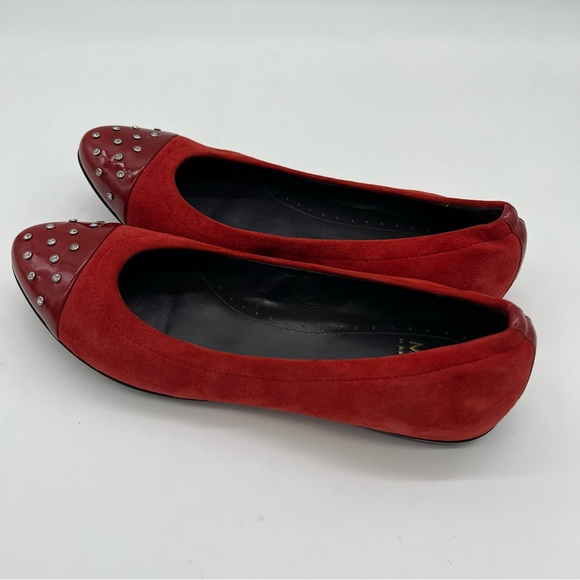 MAGLI by Bruno Magli Elegant Red Suede Patent Leather with Studded Cap Toe Flats - Picture 12 of 15